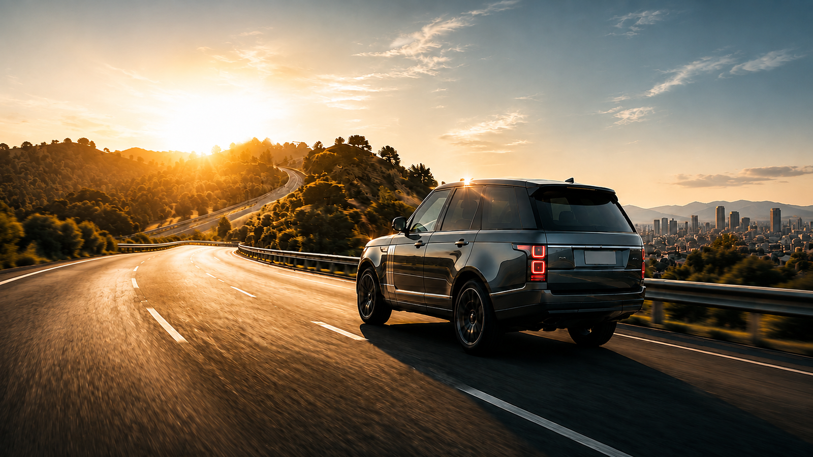 An SUV traveling on a scenic road