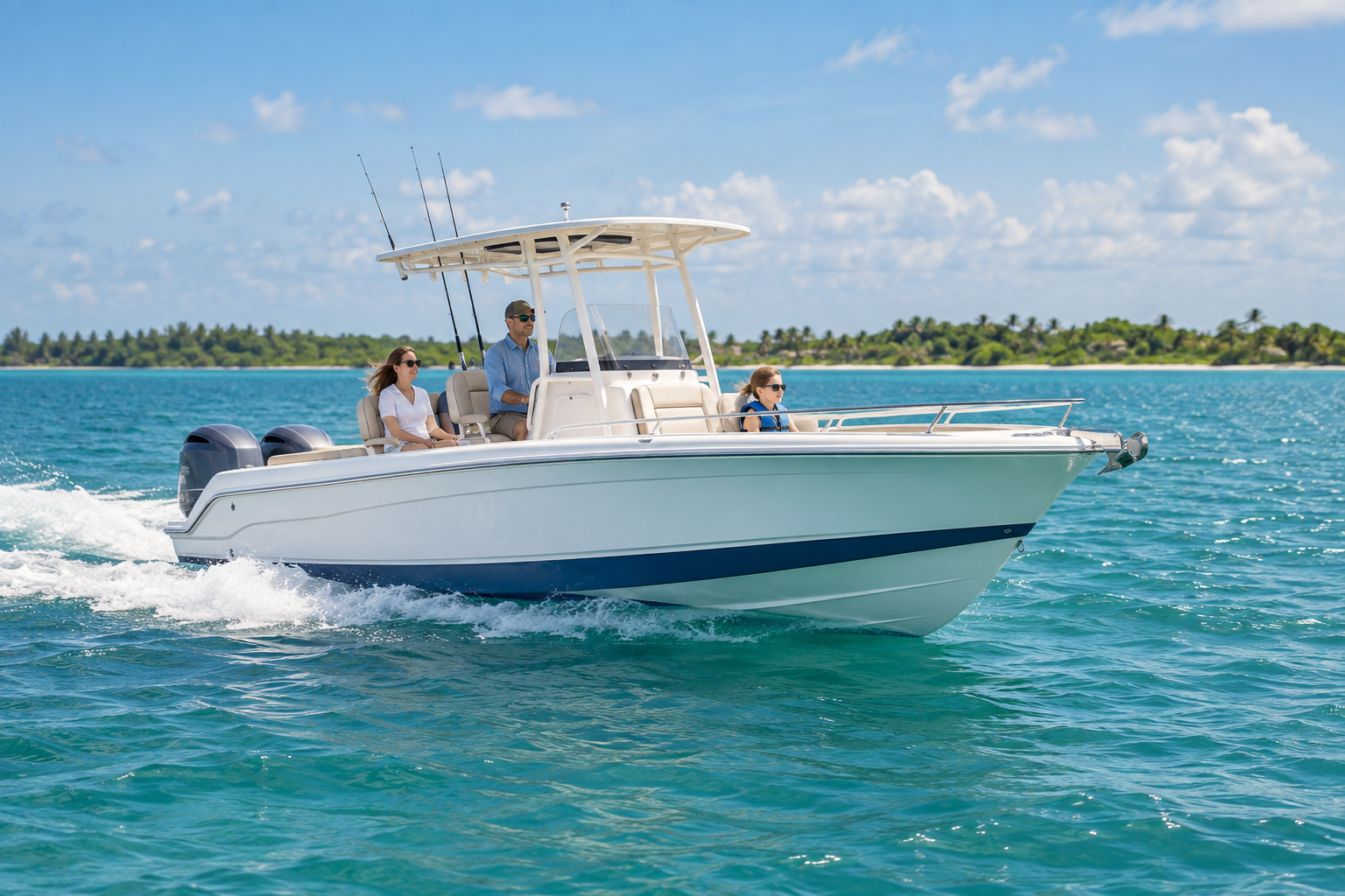 A recreational motorboat cruising on clear coastal water