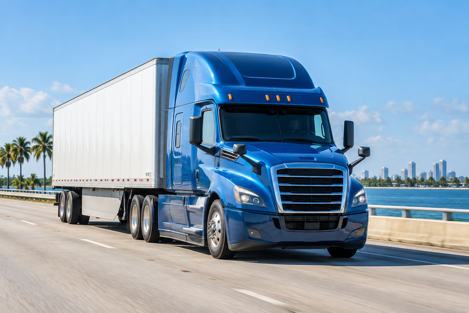 A blue commercial truck traveling on a Florida road