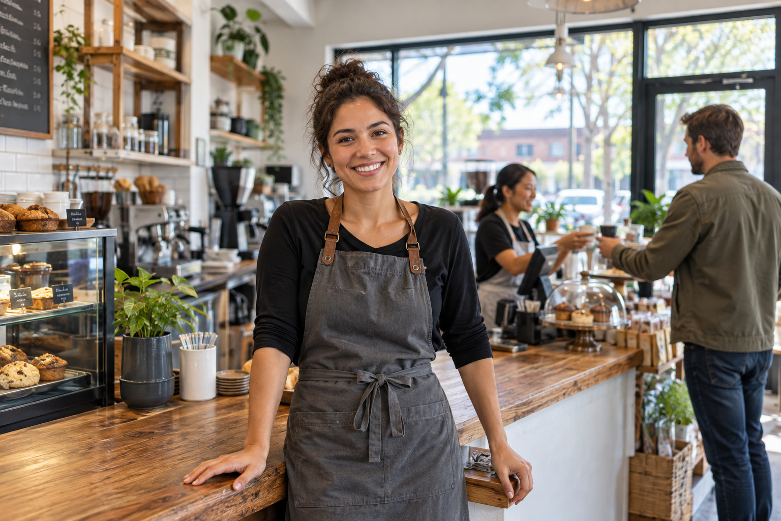 A small business owner welcoming customers at her cafe